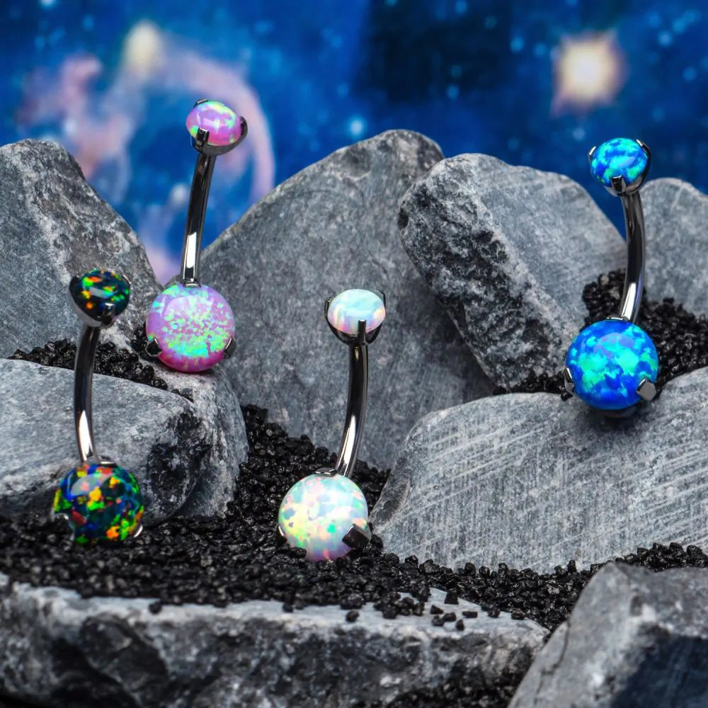 Prong Set Double Synthetic Opal Navel Curves